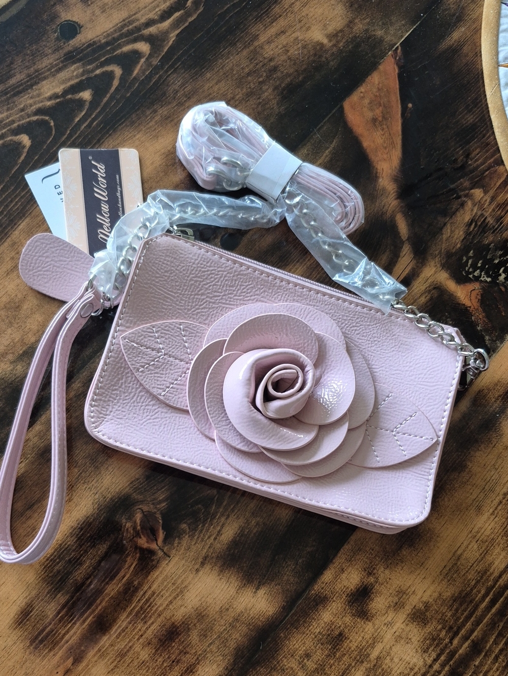 Blush Pink Rose Appliqué Wristlet Clutch with Detachable Strap